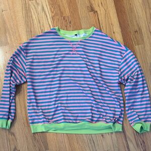 Striped Pink and Blue Sweatshirt with Green Accents